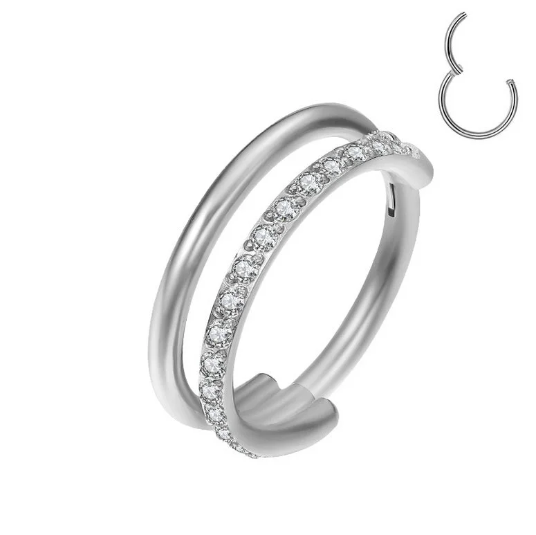 silver band ring for men -Titanium High Polish Jewelled Double Hoop Hinged Ring - TI-501