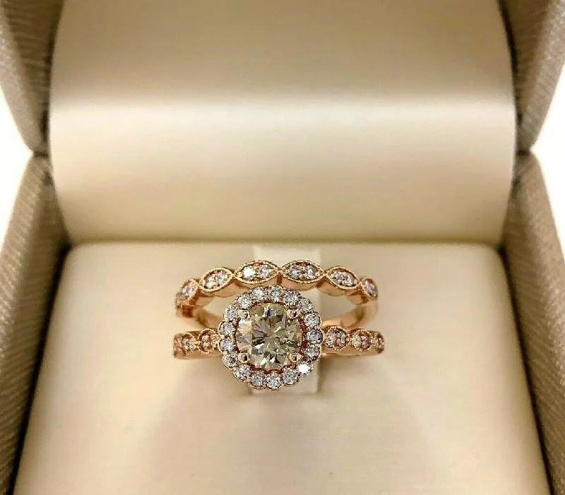 simple engagement ring for women -1.29 Carats Fancy Yellow and White Round Diamond Halo Wedding Set 14K Rose Gold