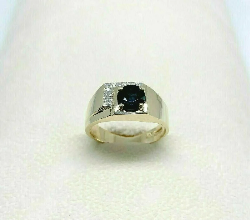 three stone engagement ring -1.69 Carats t.w. Mens Diamond and Blue Sapphire Ring 14K Yellow Gold