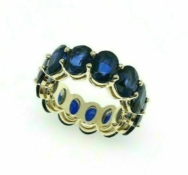 spinner ring for anxiety relief -10.75 Carats t.w. Oval Blue Sapphires Custom Made Eternity Ring 14K Yellow Gold