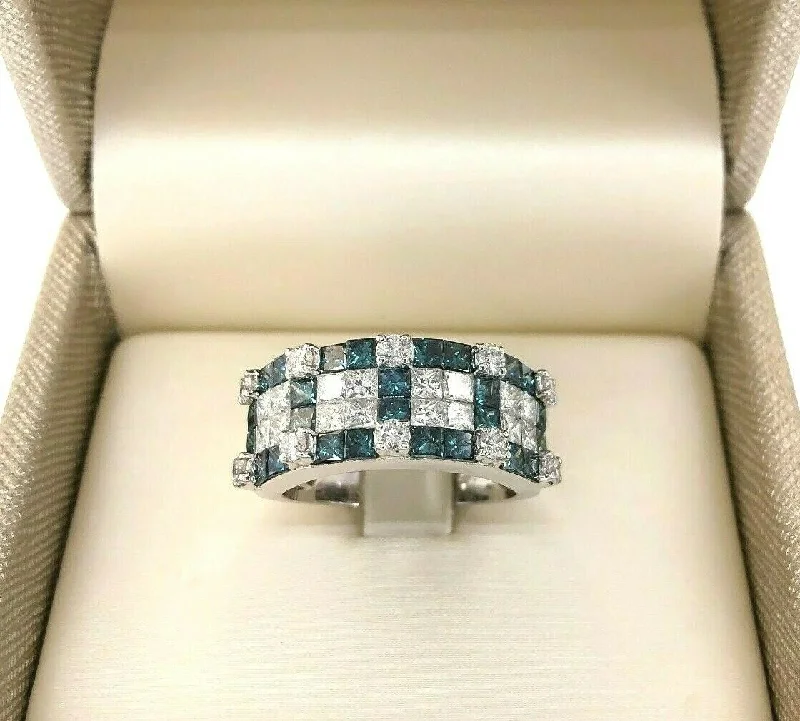 bold cocktail ring for women -3.72 Carats t.w. Blue and White Princess Diamond Invisible Set Anniversary Ring