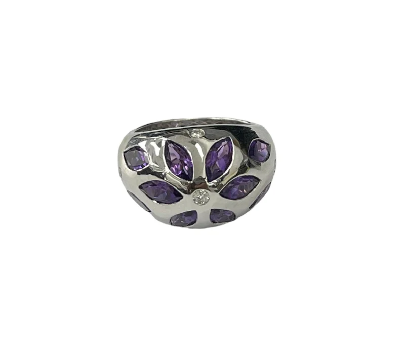 silver band ring for men -Amethyst Gem Dome Diamond Ring White Gold 18kt