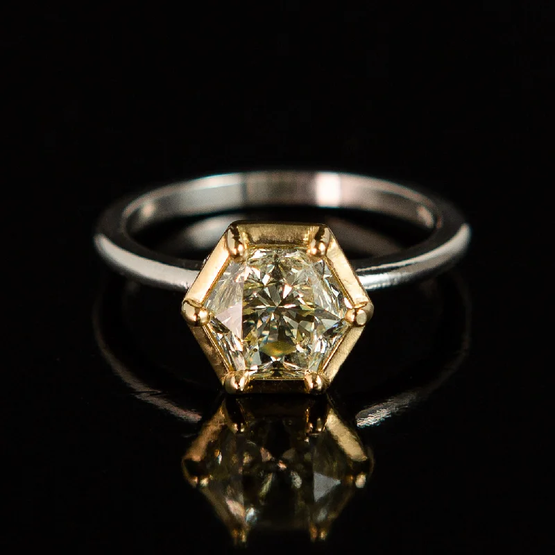 minimalist gold ring for everyday wear -Antique Hexagon Diamond Ring in 18k Yellow Gold & Platinum