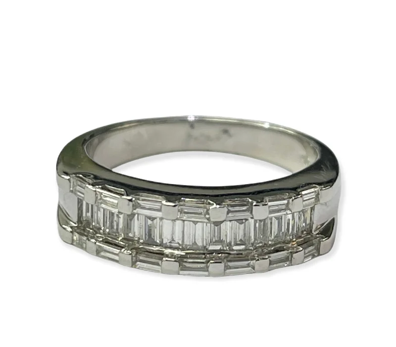 custom engraved ring for couples -Baguettes Single Row Diamond Band Ring White Gold 14kt