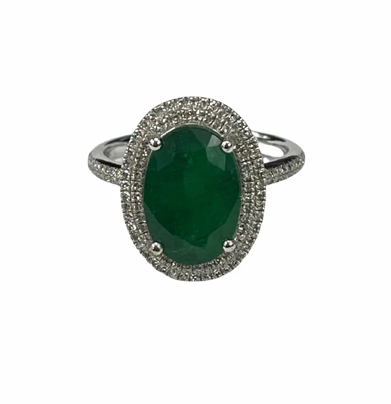 silver promise ring for couples -COLUMBIAN OVAL EMERALD GEM DIAMOND RING WHITE GOLD