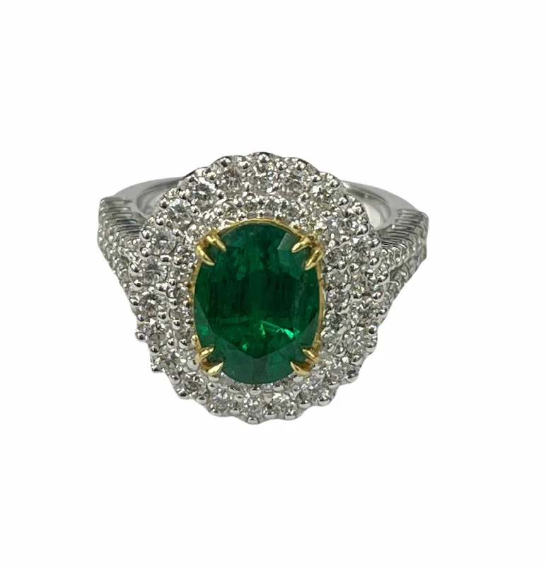 engraved name ring for gifts -Columboan Oval Emerald Diamond Ring with Accents White Gold 18kt