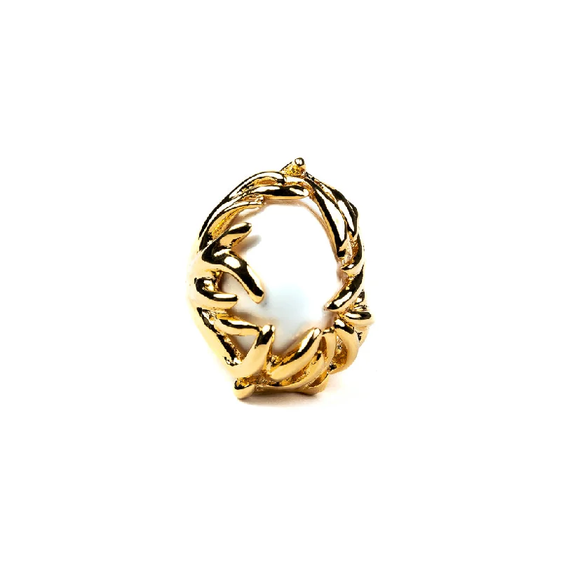 cubic zirconia ring for women -Gold Branch with White Cabochon Ring