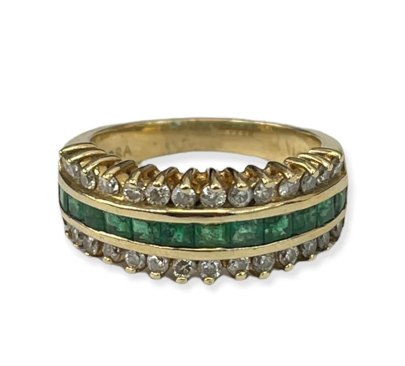 layered stacking rings for women -Emerald Gem Diamond band Ring Yellow Gold 14kt