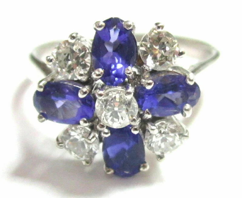 layered stacking rings for women -FINE TANZANITES & DIAMONDS STONES FLOWER RING 18K WHITE GOLD