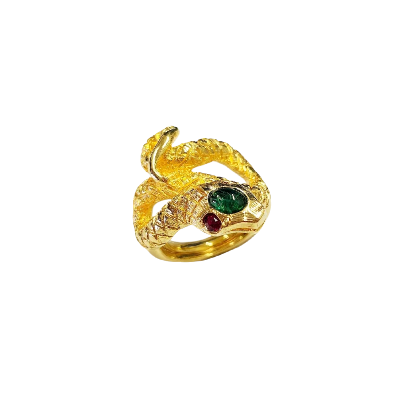 men’s ring with birthstone -Gold and Ruby Eyed Snake Ring