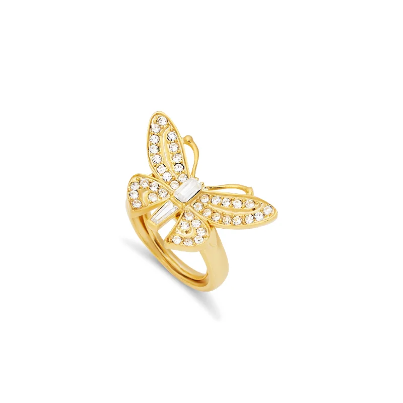 stackable rings for women -Gold & Crystal Adjustable Butterfly Ring