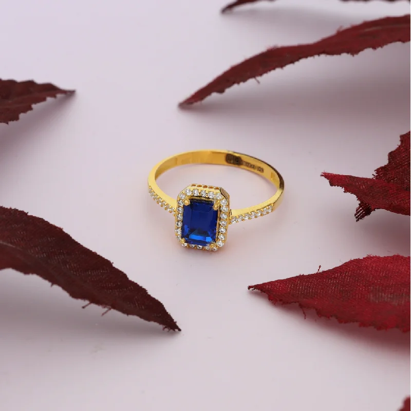 luxury gemstone ring for women -Gold Emerald Cut Blue Sapphire Zirconia Ring 18KT - FKJRN18K9229