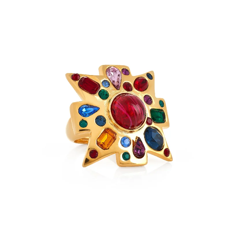 cubic zirconia ring for women -Gold Multi-Gem Maltese Cross Ring