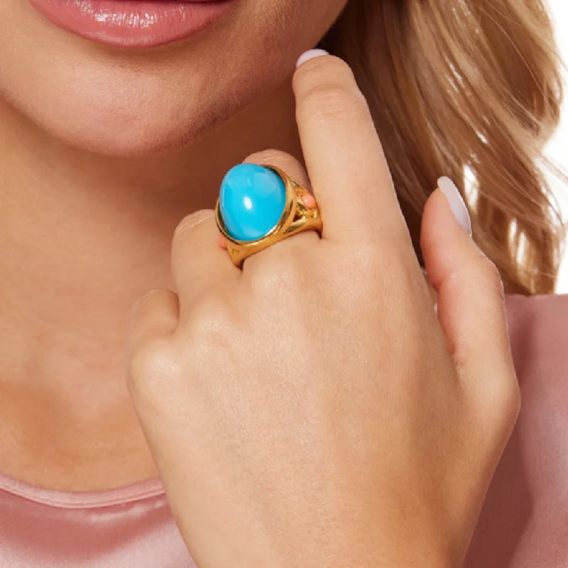 bohemian style ring for women -Gold Ring with Turquoise Cabochon Center and Coral Cabochon Dots