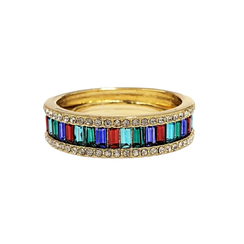 fashion statement ring for women -Gold With Crystal Trim and Multicolor Baguette Ring