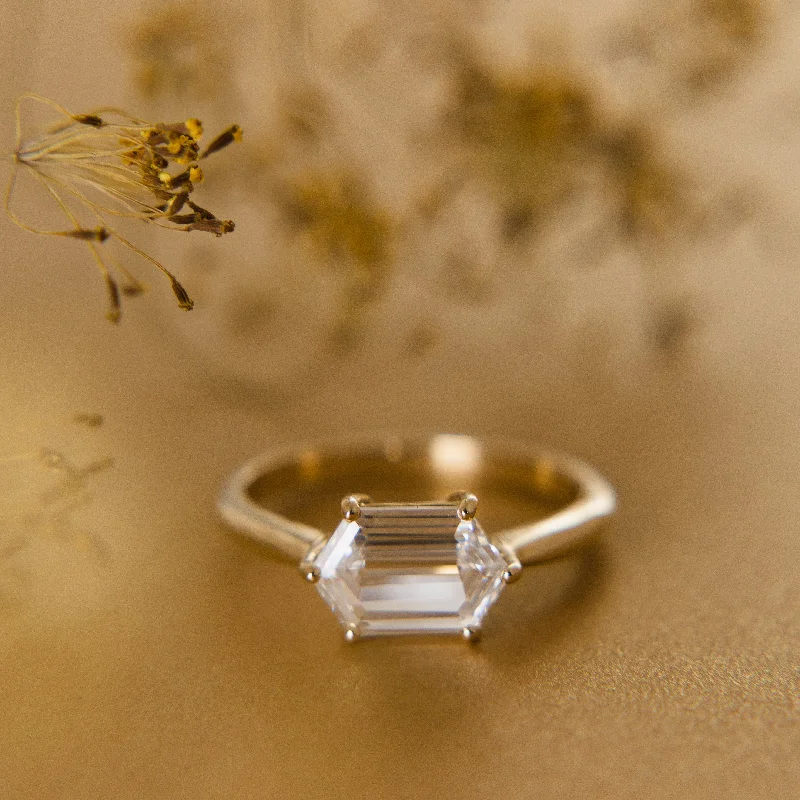 three stone engagement ring -Hexagonal Step Cut Diamond Ring in 18k Yellow Gold