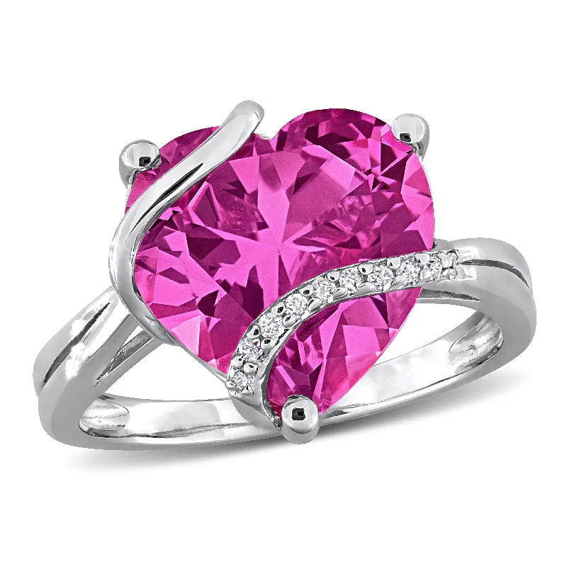 statement cocktail ring for women -Mimi & Max 7 1/4ct TGW Created Pink Sapphire and Diamond Accent Heart Ring Sterling Silver