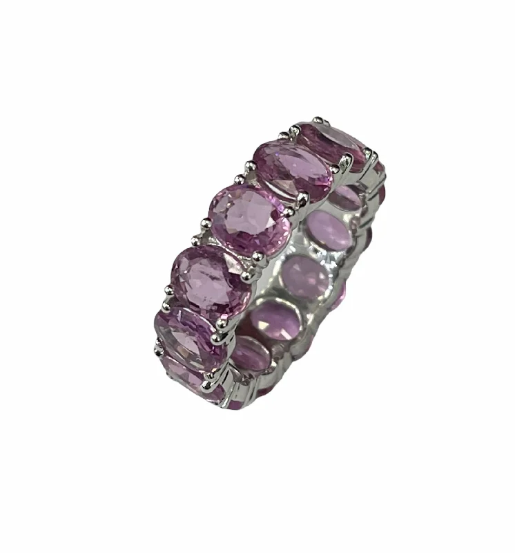 men’s signet ring with engraving -Natural Pink Sapphire Oval Shape Eternity Gem Ring Size 6.5