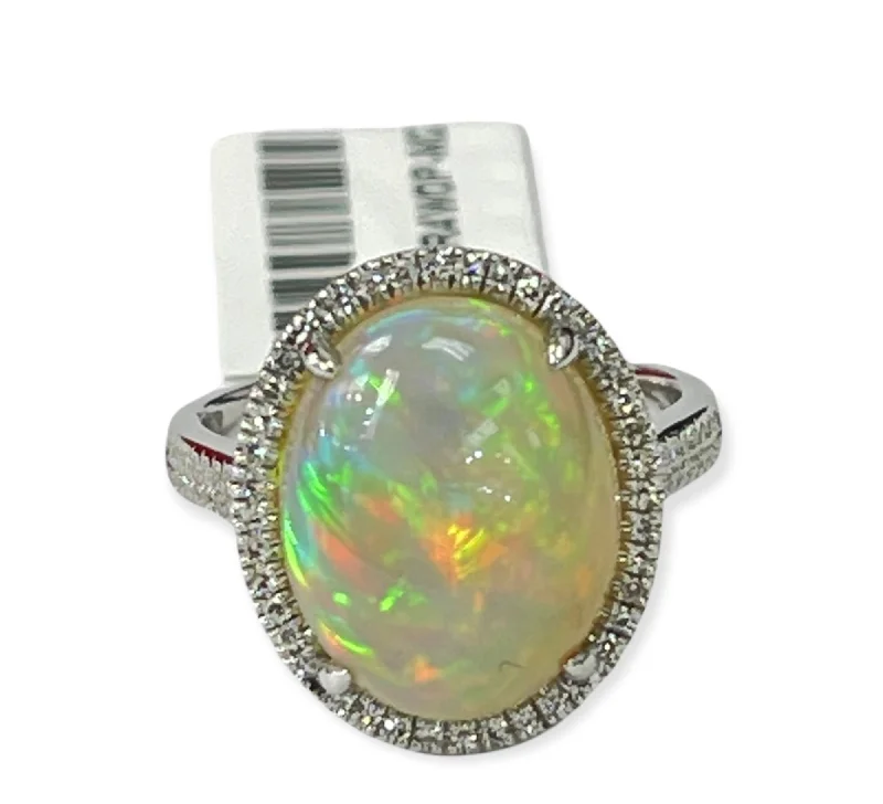 silver band ring for men -Opal Gem Oval Halo Diamond Ring White Gold 14KT