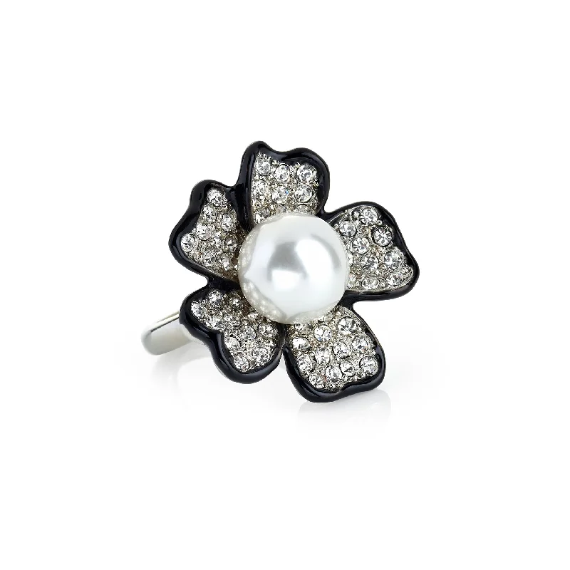 antique engagement ring for women -Pearl Center Flower Adjustable Ring