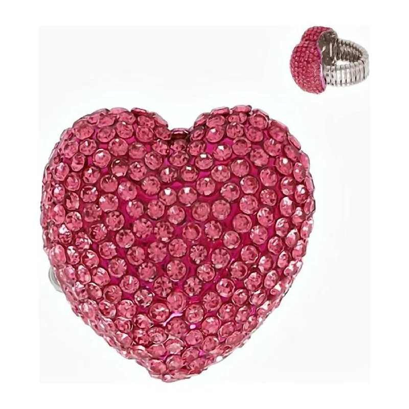 fashion statement ring for women -Rhinestone Heart Stretchy Ring In Pink