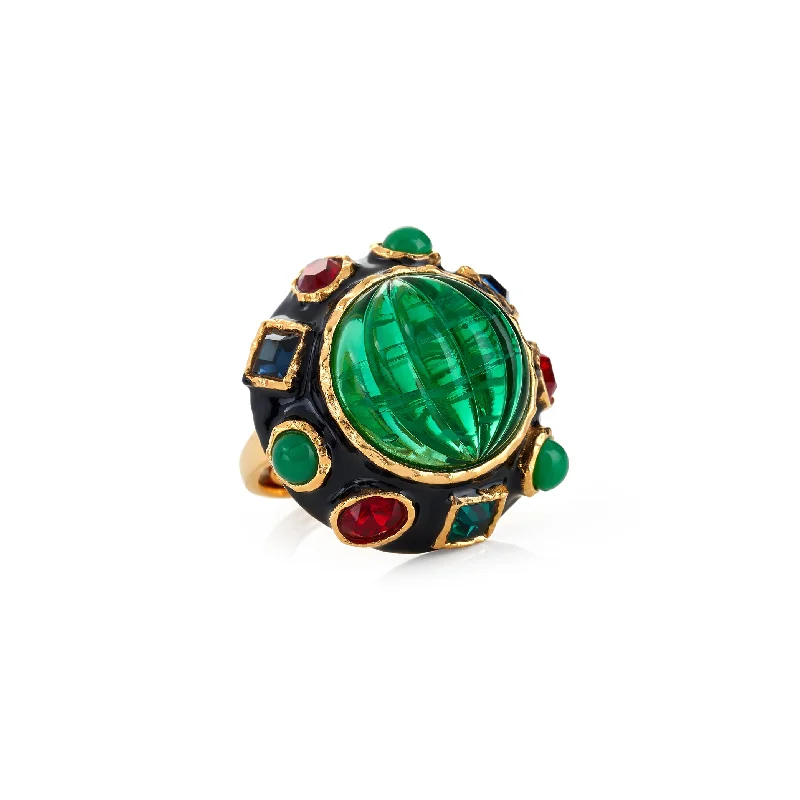 trendy ring for teenage girls -Ribbed Emerald Center Button Ring