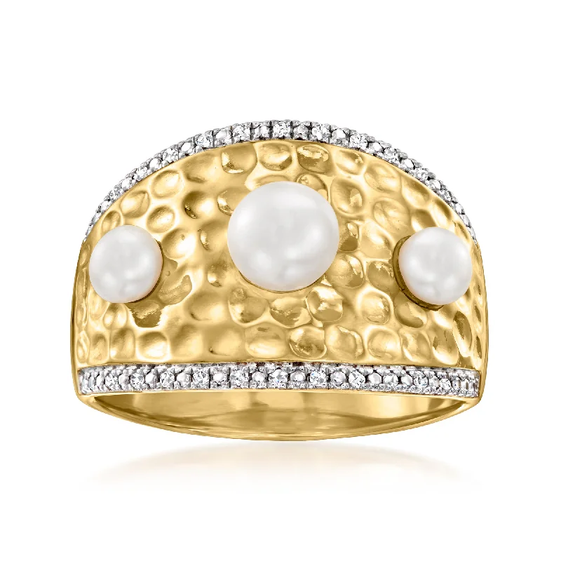 birthstone ring for moms -Ross-Simons 3.5-5.5mm Cultured Pearl Ring With Diamond Accents in 18kt Gold Over Sterling