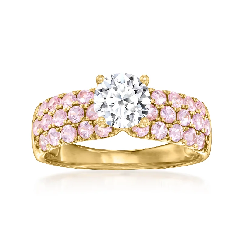 custom initial ring for women -Ross-Simons Lab-Grown Diamond Ring With Pink Sapphires in 14kt Yellow Gold