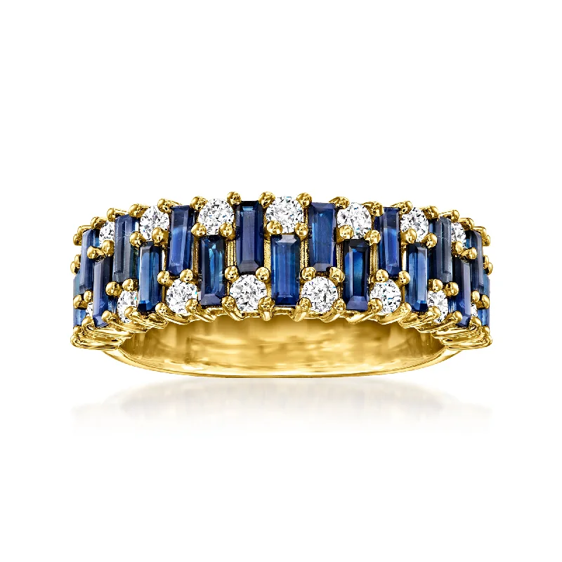 initial ring for women -Ross-Simons Sapphire and .56 T. T.W. Diamond Staggered Ring in 14kt Yellow Gold