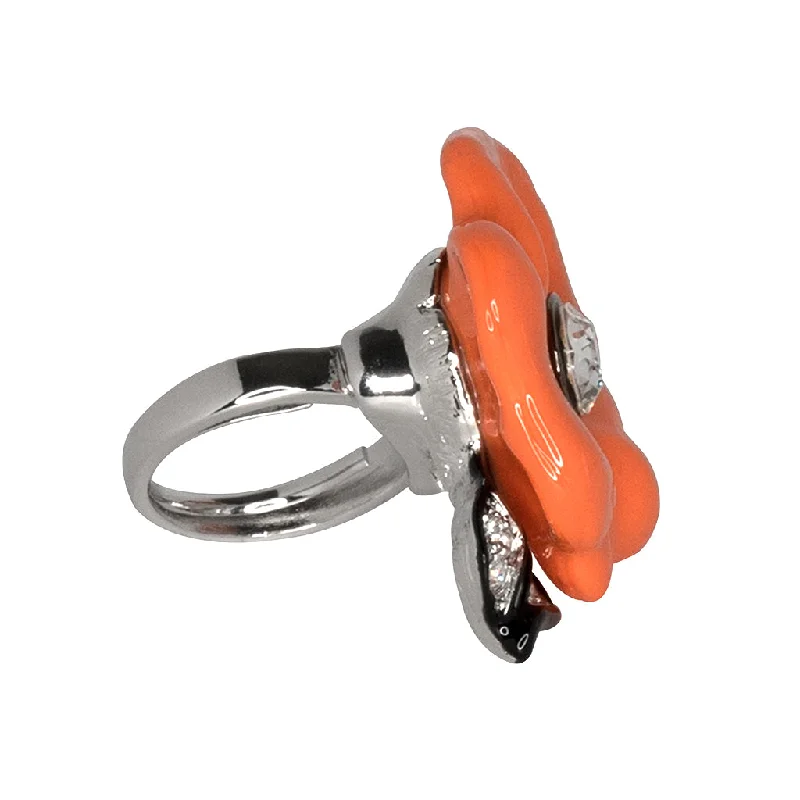 engraved promise ring for women -Silver & Coral Flower Ring