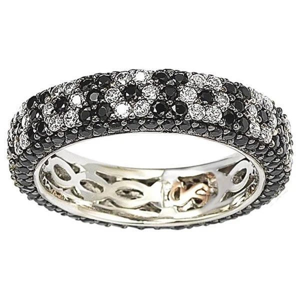 wedding band with diamonds for women -Suzy Levian Sterling Silver Cubic Zirconia Black and White Flower Eternity Band