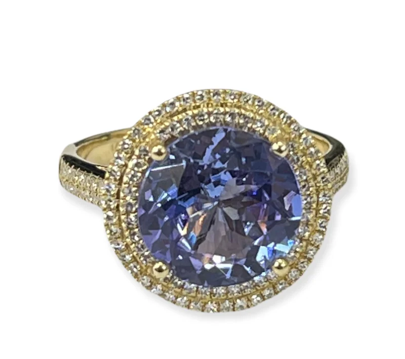 handmade gemstone ring for women -Tanzanite Gem Halo Diamond Ring Yellow Gold 14kt