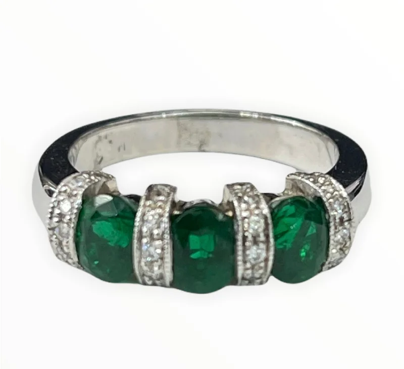 statement cocktail ring for women -Three Stone Oval Emerald Gem Diamond Ring White Gold 14kt