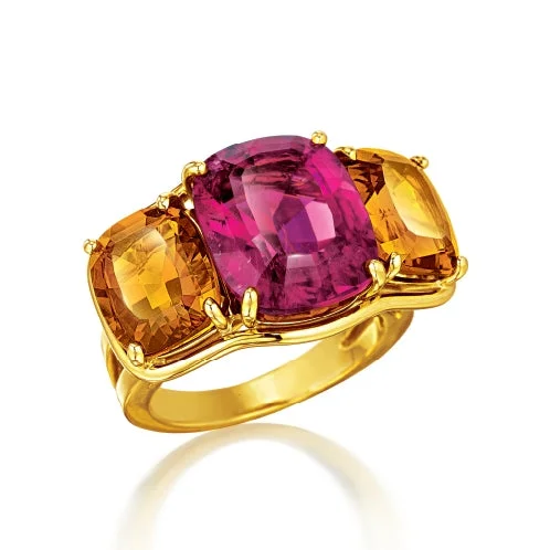 spinner ring for anxiety relief -Three Stone Ring in Rubellite and Madeira Citrine