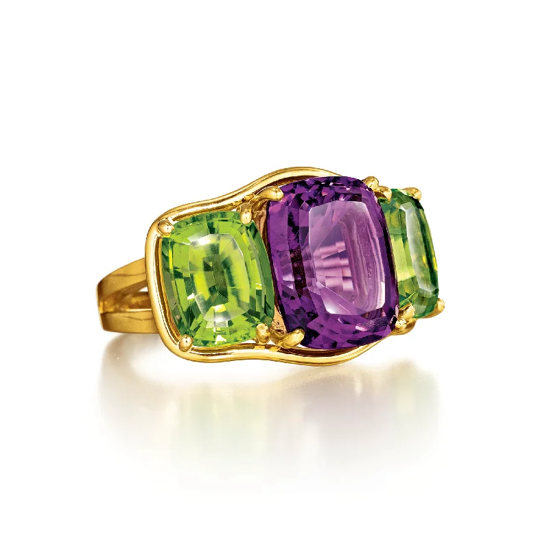 antique engagement ring for women -Three Stone Ring in Amethyst and Peridot