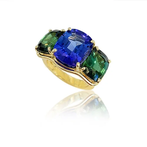 personalized name ring for women -Three Stone Ring in Tanzanite and Green Tourmaline