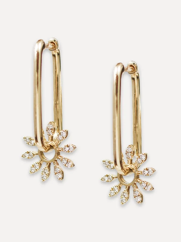 diamond crawler earrings for women -14K Diamond Flower Charms On Elongated Hoops