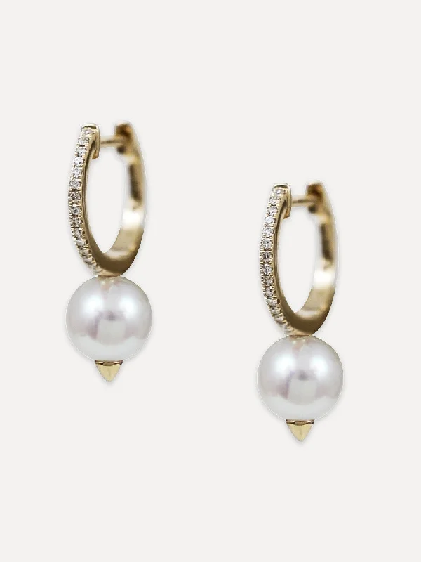 mismatched earrings for women -14K Diamond & White Pearl Drop Huggies