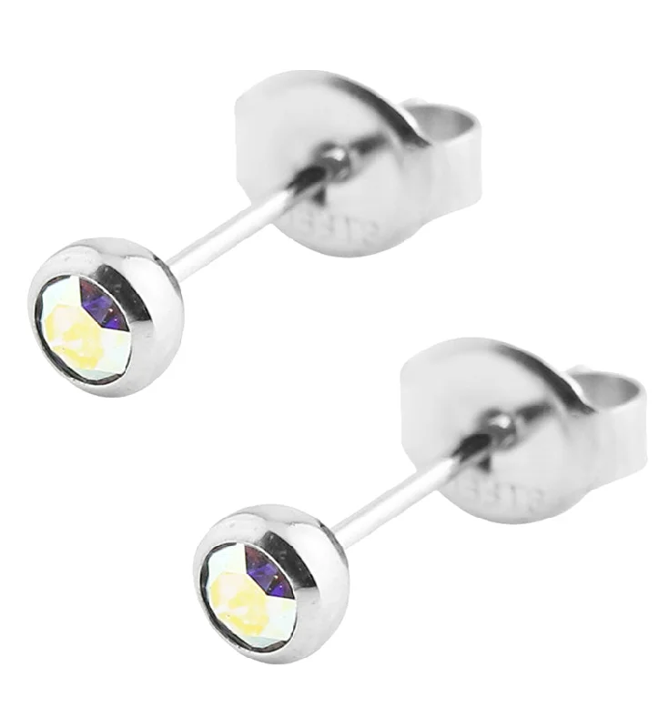 mismatched stud earrings for women -Rainbow Aurora Bezel CZ Stainless Steel Stud Earrings