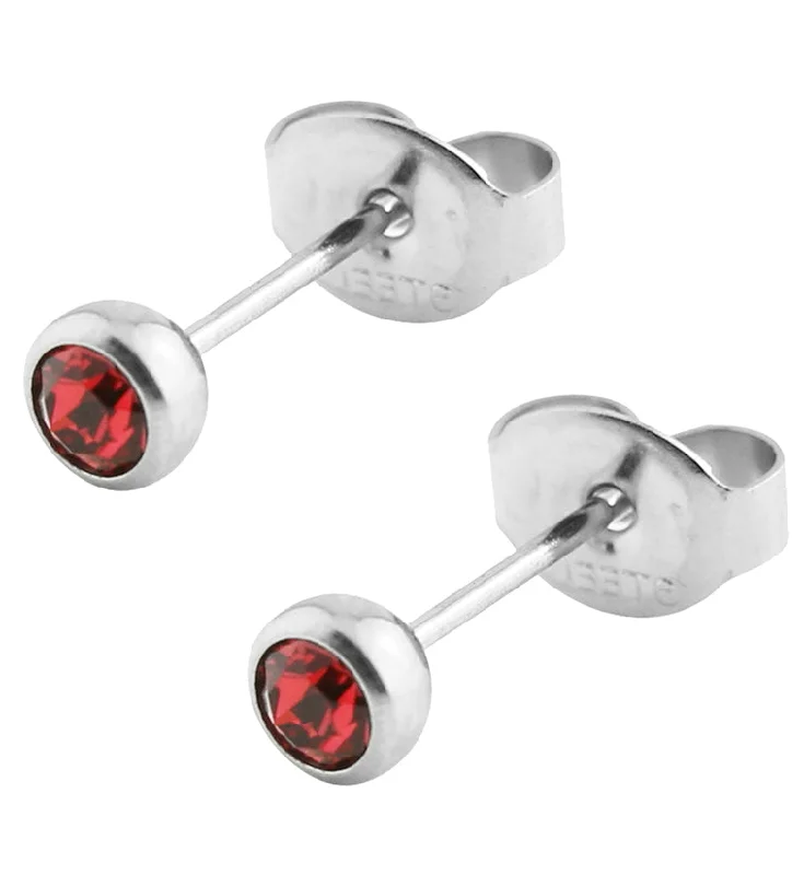 huggie hoop earrings for women -Red CZ Bezel Stainless Steel Stud Earrings