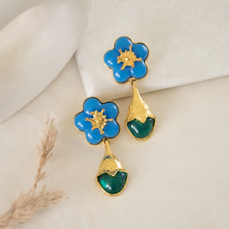 crystal chandelier earrings for women -Blue Floral Tulip Drop Earrings