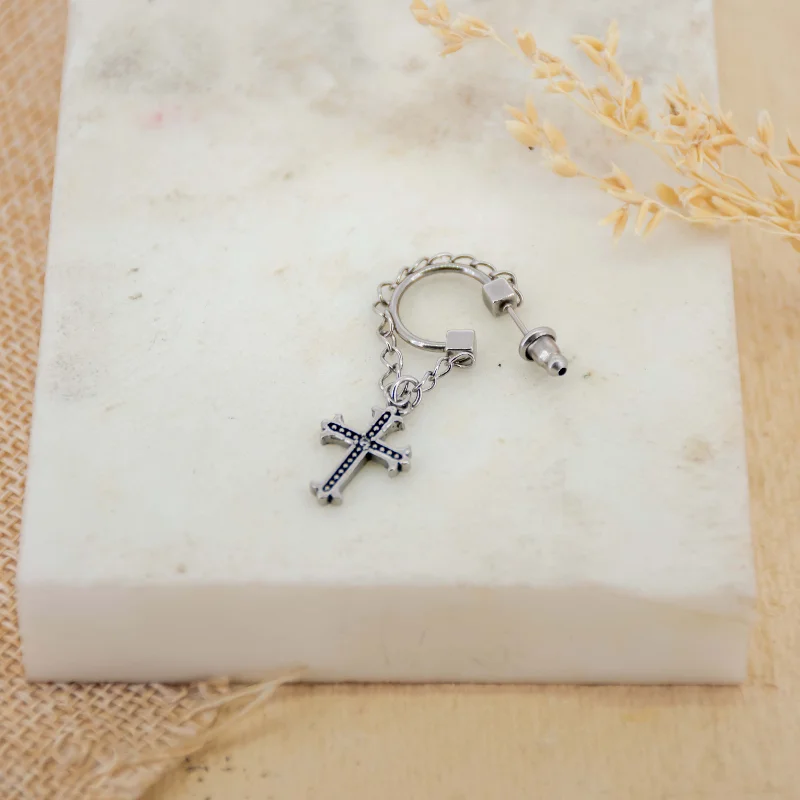 sterling silver stud earrings -Crucifix Chain Men Earring