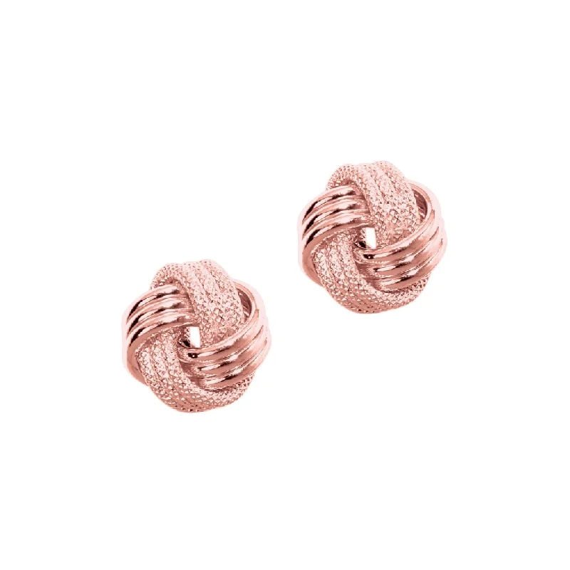 boho feather earrings for women -Curata 14k Rose Gold9mm Shiny Textured 3 Row Love Knot Stud Earrings