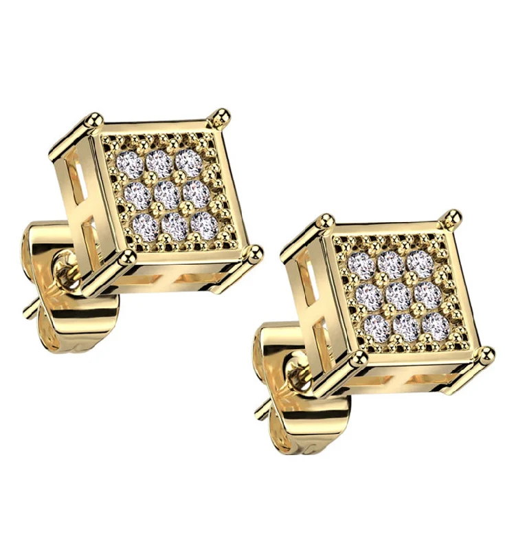 statement pearl earrings for women -Gold PVD Block Clear CZ Stainless Steel Stud Earrings