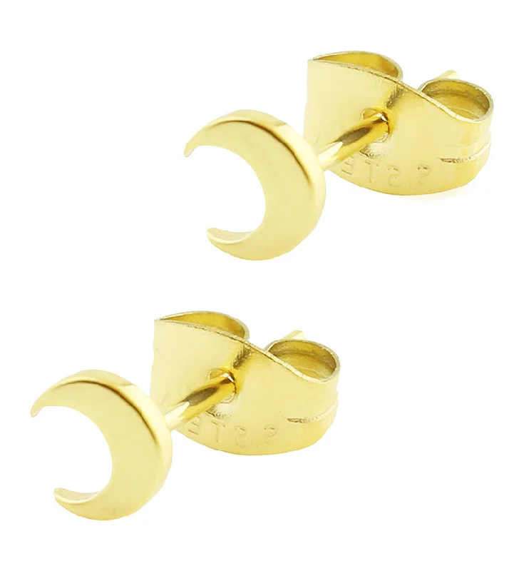 minimalist drop earrings for women -Gold PVD Crescent Moon Stainless Steel Stud Earrings