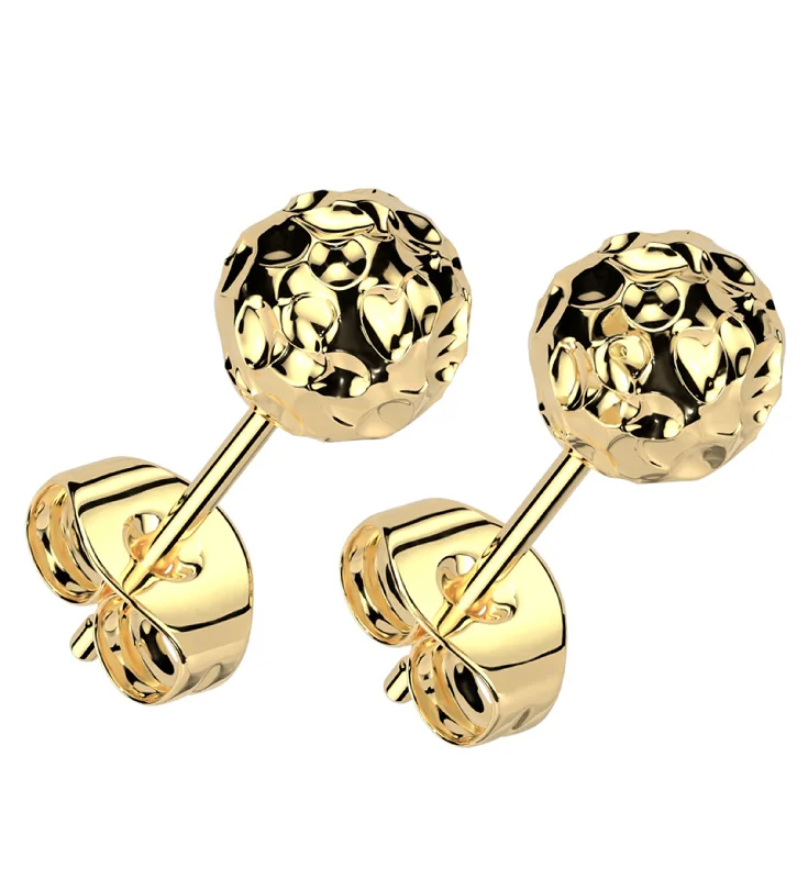 zodiac sign earrings for women -Gold PVD Hammered Ball Stainless Steel Stud Earrings