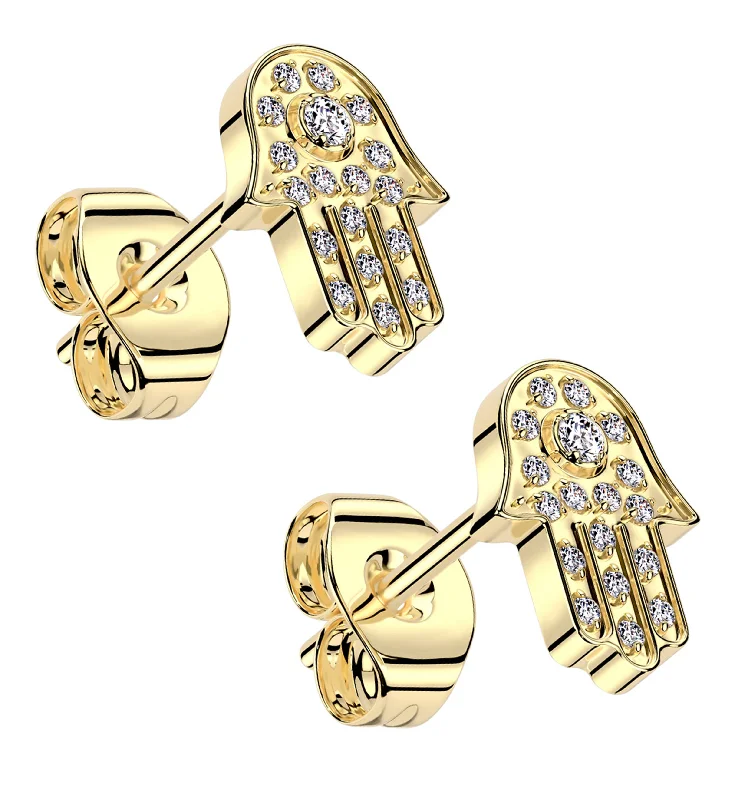 angel wing earrings for women -Gold PVD Hamsa Hand Titanium Threadless Stud Earrings