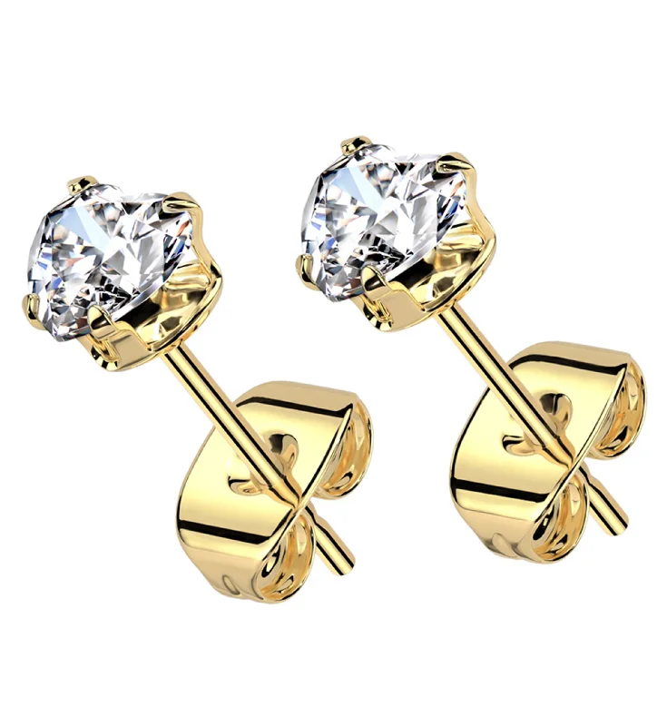 mismatched earrings for women -Gold PVD Prong Heart Clear CZ Stainless Steel Stud Earrings