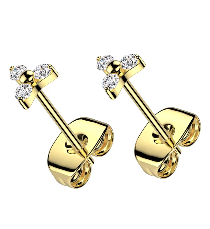 crescent moon earrings for women -Gold PVD Trinity Clear CZ Titanium Stud Earrings