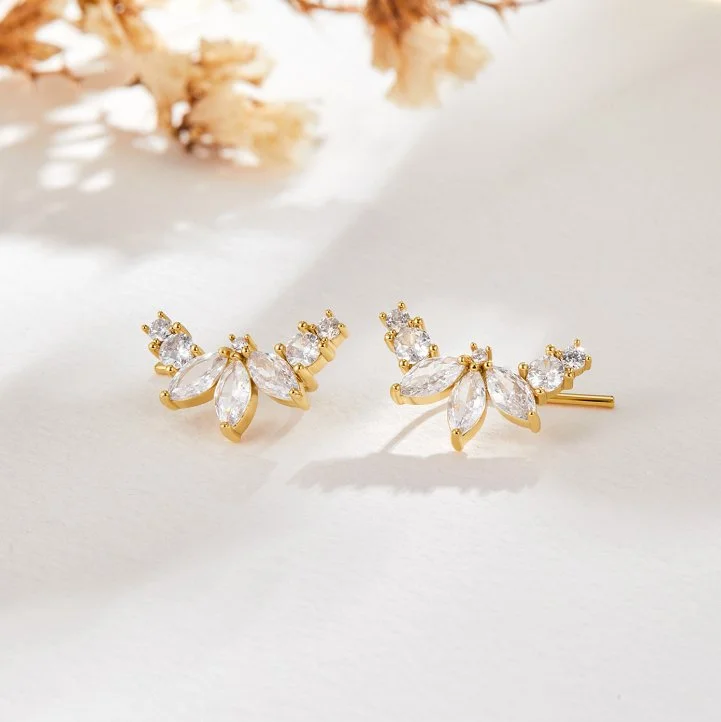 mismatched stud earrings for women -Lily Crystal Gold Leaf Earrings